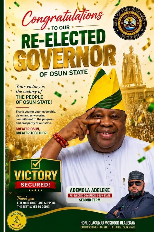 COMMISSIONER FOR YOUTH AFFAIRS,HON. OLAGUNJU CONGRATULATES GOVERNOR ADELEKE&rsquo;S RE-ELECTION, DESCRIBES MANDATE AS CALL TO GREATER SERVICEThe Commissioner for Youth Affairs, Hon. Olagunju Moshood Olalekan, has congratulated the Governor of Osun State 